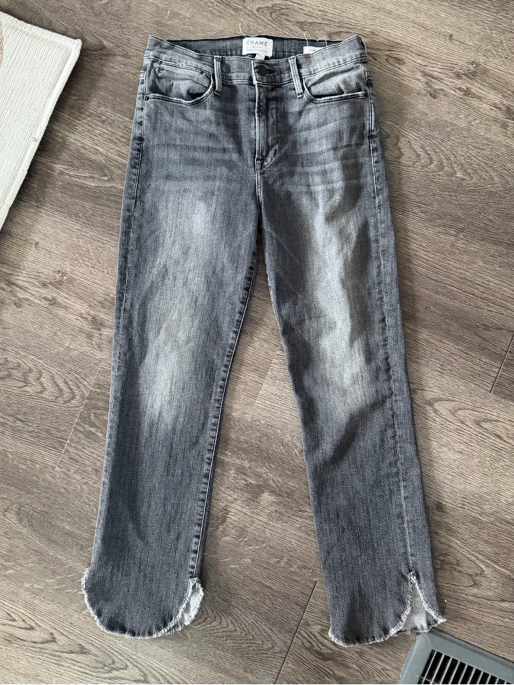 FRAME Denim Le High Straight Leg Jeans in Bosworth Black Wash Raw Rounded Hem
